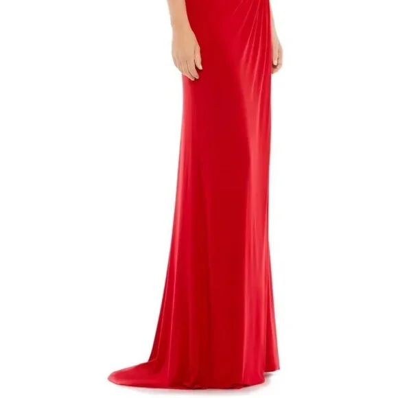 Ieena Mac Duggal Red Crystal Strap Ruched Jersey Gown